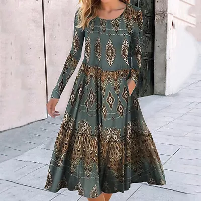 £14.17 • Buy Womens Long Sleeve Floral Midi Dress Ladies Casual Vintage Autumn Swing Dress