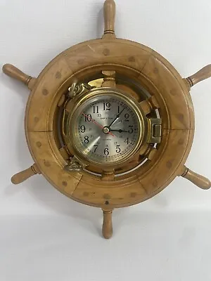 Ship's Clock Helm 13  Brass Porthole Clock Wooden Nautical Wall Decor Vintage. • $50