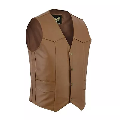 Men Real Leather Classic Plain Style Brown Biker Motorcycle Club Waistcoat • £20