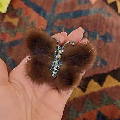 Mink Fur Butterfly Brooch Pearls And Gemstones 1950's Fur Brooch • £16