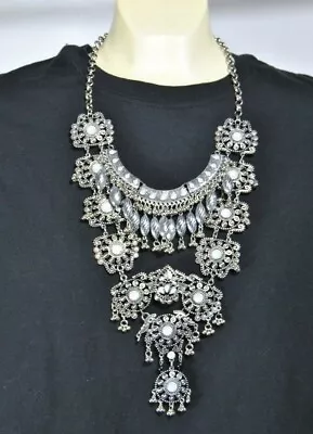 Moroccan Style Necklace HAND CRAFTED Metal & White Color Stones Drop Down 14  • $28