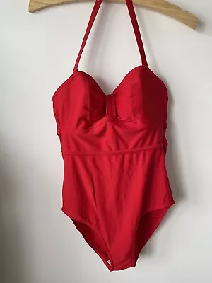 BNWOT FIGLEAVES Red Halter Neck Swimsuit Bathing Costume Cup Size 34D Clasp Back • £15.50