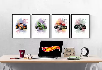 Hot Wheels Monster Trucks 2nd Watercolour Splash Set Of 4 Prints Pictures Wall • $7.58