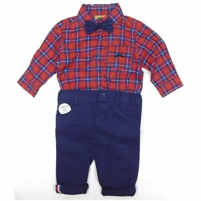 £17.95 • Buy Baby Boys Little Gent Formal Outfit Check Bodysuit Shirt Bow Tie & Trousers Red