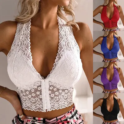 Women Sexy Lace Bralette Bralet Bra Crop Tops Halter Neck Sleeveless Vest Shirt • £7.59