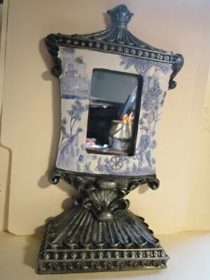 EUC Vintage Standing Mirror- Pewter With Blue & White Country French Scene • $18.99