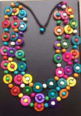 Boho / Lagenlook 70's Retro Style Wooden 3 Strand Rainbow Statement Necklace  • £10.99