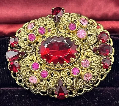 Vintage WEST GERMANY Filigree RED & PINK Crystal Rhinestone Brooch BRILLIANT • $54.98