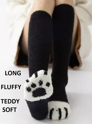 Long Fluffy Warm Bed Socks.Knee High.Winter .Black Paw.Cat In The Hat.Soft.Uk • £5.50