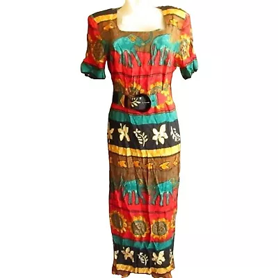 Womens Vintage Elephant Dress 6 80s 90s WNY RAYON AFRO LATIN HIP HOP BELTED USA • $38.88