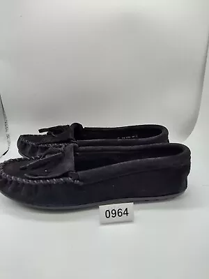 Minnetonka Women's Kilty Hardsole Black Suede Outdoor Moccasins Size 9.5 #0964 • $54.95