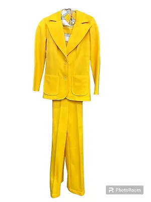 Vintage 70s Yellow Pant Suit 3 Pieces Overalls Top Jacket. Stain • $20