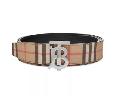 $580 Burberry Tb 35 Beige Check Black Leather Reversible Logo Buckle Belt 110 44 • $285