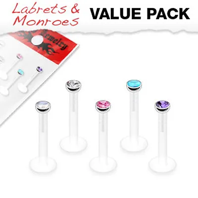 5 Pc Press Fit CZ Bioflex Push In Stud Lip Labret Monroe Piercing 16g 5/16  • $7.95