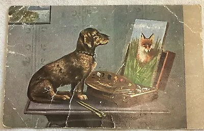 Dachshund Puppy Dog Paints Picture Of FOX Fantasy Vintage Postcard Antique Flaws • $2.90