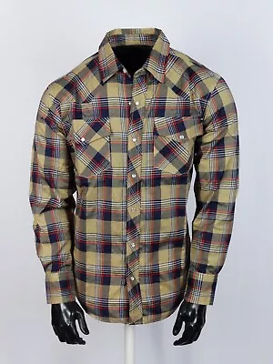 Plaid Shirt Mens Khaki Navy Western Flap Pockets Triple Snap Cuffs Casual Wear • $19