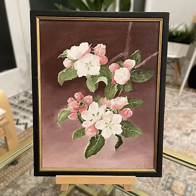 Vintage Hobbiest Pink Oil Flower Painting In Frame Framed Art • $15
