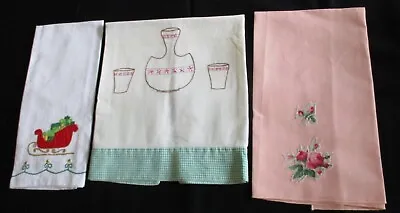 Lot Of 3 Vintage Towels Guest Kitchen Embroidered Applique Christmas &  Country • $10