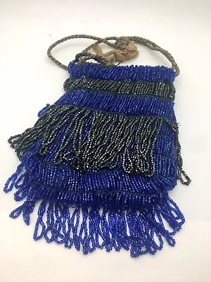 Antique-Vintage Cobalt Blue Beaded Purse Bag Flapper Fringe Drawstring Art Deco • $9.99