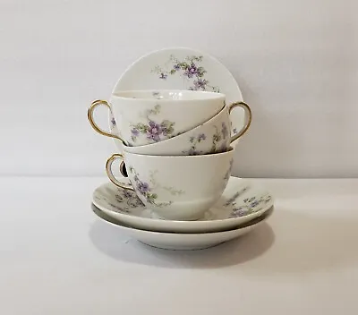 CH Field Haviland Limoges GDA France Tea Cup & Saucer Purple Flowers 3 Sets • £34.20