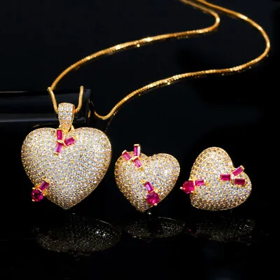 Zircon Micro Paved Heart Pendant Necklace Earrings Gold Plated Women Jewelry Set • $16.99