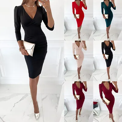 Women's Long Sleeve V Neck Bodycon Dress Ladies Evening Cocktail Party Sundress • $20.96