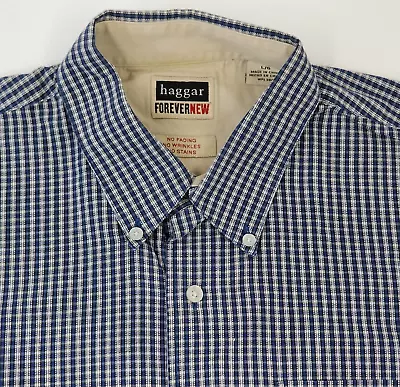 Hagaar Mens L Short Sleeve Dress Shirt Wrinkle Free Cotton Navy Blue Plaid • $15