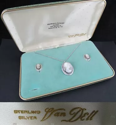 Van Dell Cameo Sterling Silver Set Earings Necklace 1950s WITH BOX & NEVER USED! • $74.99