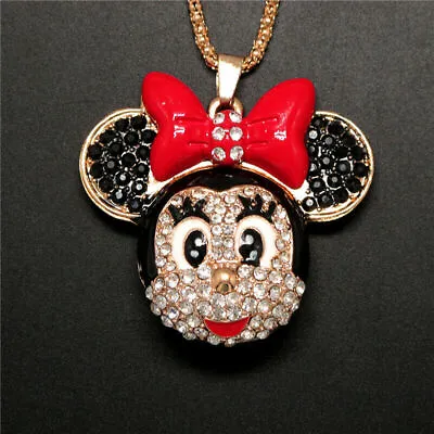 Cute New Betsey Johnson Crystal Minnie Mouse Head W/Bow Pendant Sweater Necklace • $16.95