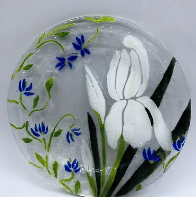 Vintage Fused Art Glass Plate Flowers Iris 8” Victor Palumbo 1980s  Floral USA • $17.99