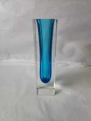 Vtg MCM Murano Sommerso Art Glass Square Block Bud Vase Italy Clear/Blue 8.25  • $49.99