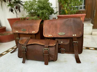 3 Side Saddle Bag Saddlebags Bags Tool Motorcycle Leather Pouch Panniers Brown • $53.99