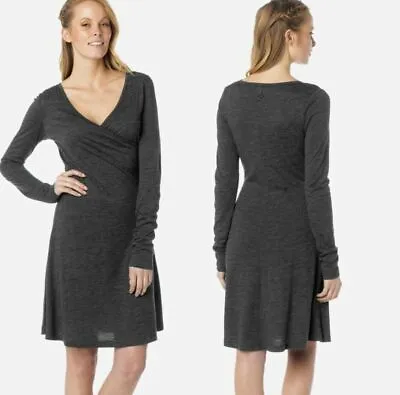 Prana Nadia Charcoal Grey Faux Wrap Long Sleeve Dress Sz M Wool Blend Stretch CP • $28