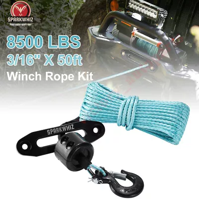 ‎3/16  X 50' 8500 LBS Synthetic Winch Rope Cable W/Sleeve+Winch Hook For ATV UTV • $41.99