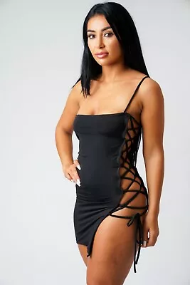 £14.94 • Buy Black Micro Mini Dress Straight Tie Neck Ladder Side Slit Details Sleeveless 