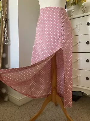 £14.99 • Buy Zara Polka Dot Midi Skirt Buttons Split Salmon Pink White Viscose M Sz 10