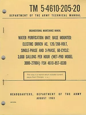 Historical Book For Water Purification Unit 3000  Gal Per Hour Unit Maint • $20