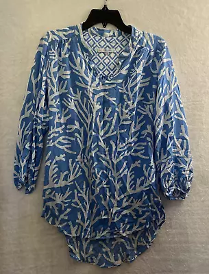 Barbara Gerwit Tunic Top Womans XS Geometric Blue Long Sleeve Cotton V Neck Flaw • $5.49