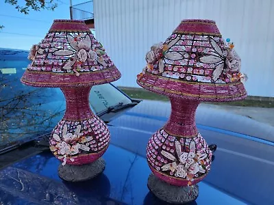    Vintage Handmade Seed Beaded Flowers Accent Night Table Lamp Gorgeous! • $97.50