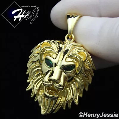 Men 925 Sterling Silver Green Rhinestone Eye Gold Plated Lion Head Pendant*gp364 • $99.99