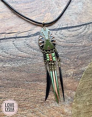 NEW Green Olive Brown Voodoo Boho Bohemian Ethnic Tribal Long Feather Necklace • $19.90
