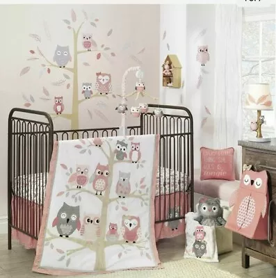 $50 • Buy Lambs & Ivy Family Tree Collection 4 Piece Crib Bedding Set Quilt Owls Pink Gray