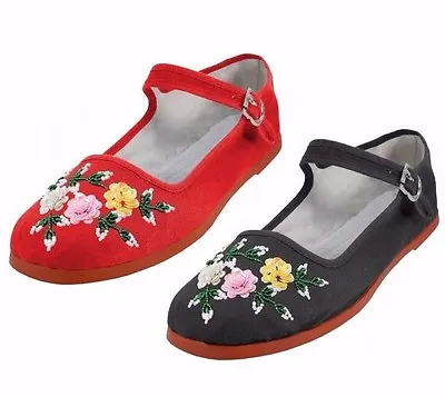 Women's Chinese Mary Jane Floral Sequin Cotton Shoes Slippers Red & Black 5-11 • $9.99