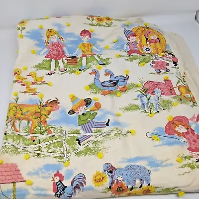 Vintage Handmade Baby Blanket NURSERY RHYME 1960s - 1970s Quilt Tied • $24.95