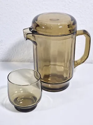 Smoked Glass Jug Coffee Pot Cocktail Juice With Lid And One Glass Vintage 1970's • £17.99