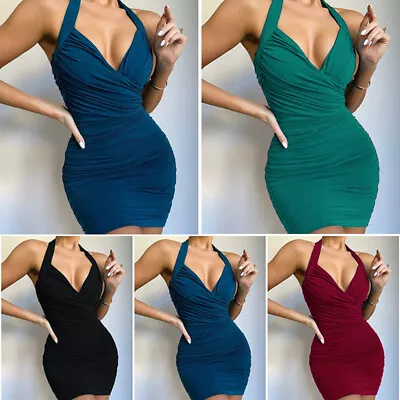 $12.08 • Buy Sexy Women Deep V Neck Mini Dress Backless Bodycon Halterneck Party Club Dress