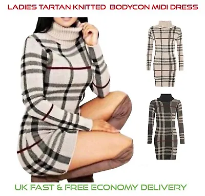 £16.95 • Buy New Womens Polo Neck Tartan Knitted Midi Ladies Long Sleeve Bodycon Jumper Dress