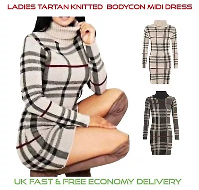 New Womens Polo Neck Tartan Knitted Midi Ladies Long Sleeve Bodycon Jumper Dress • £14.95