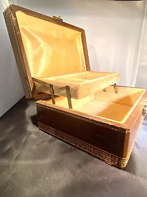 Vintage Gilt Leather Jewelry Box Italian Two Tiered Hinged Trinket Satin Velvet • $32.88