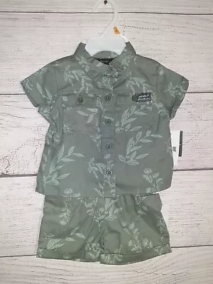 Eddie Bauer 12 Months Baby Girls Olive Green Khaki Floral Shirt & Outfit NEW TAG • $15.88